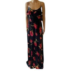 VTG Hampton Nights Maxi Dress 14 Coquette Satin Black Red Floral Formal Party